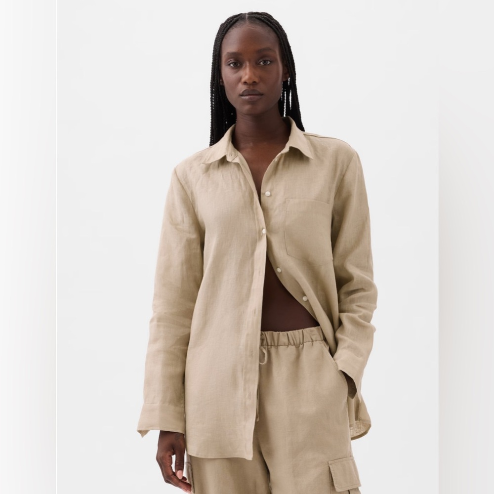 100% Linen Boyfriend Button Down Long Sleeve Shirt